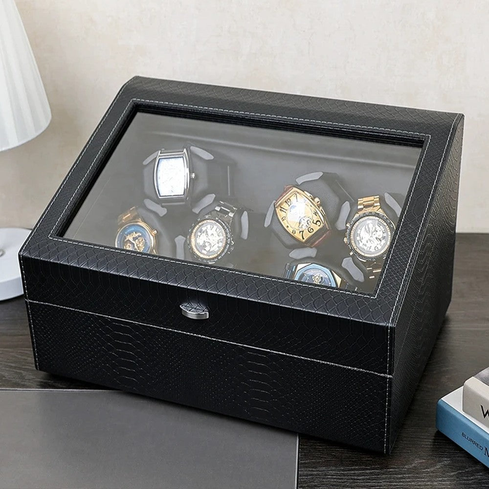 Remontoir Balancier 6 montres avec tiroir, similicuir noir