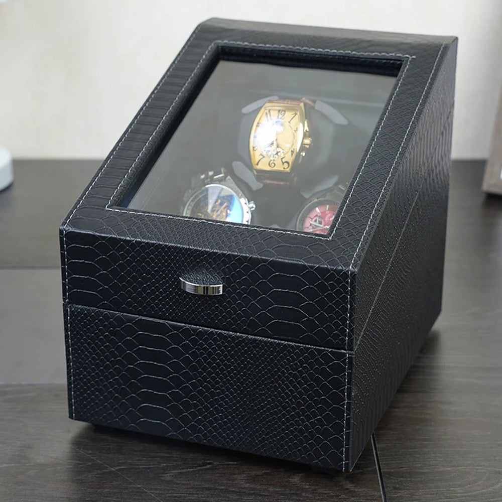 Remontoir Balancier 3 montres avec tiroir, similicuir noir