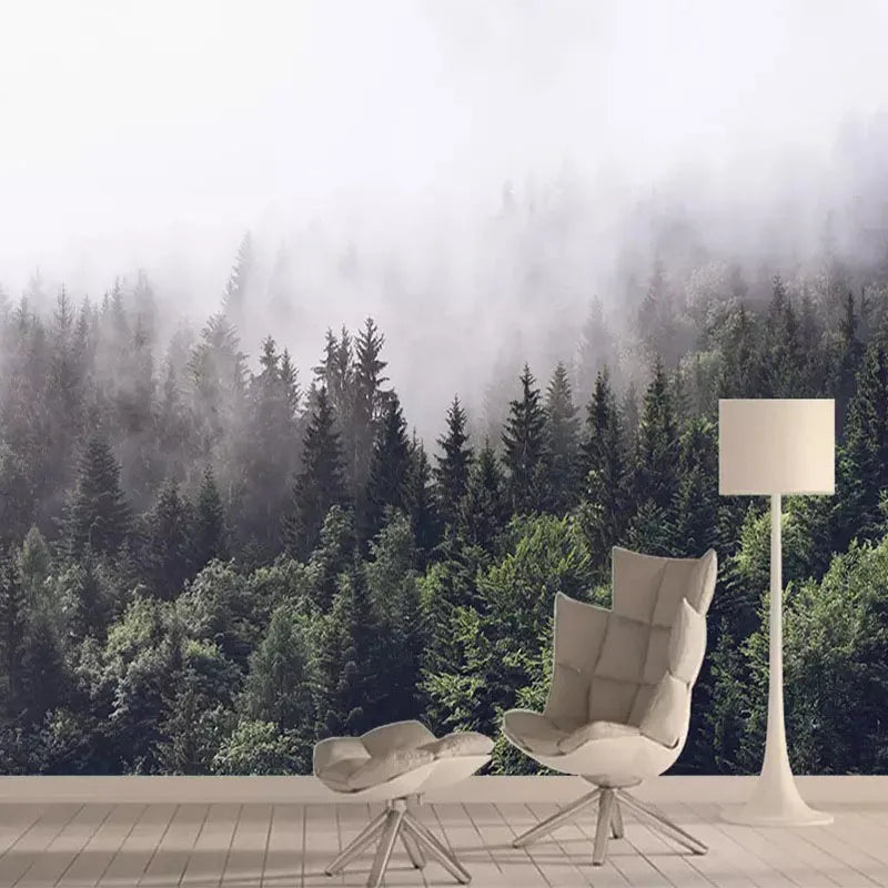 Papier peint panoramique Sapins dans le brouillard : forêt de sapins vert sombre dans le brouillard, posé dans un salon