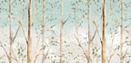 Papier peint panoramique Bouleaux et chevreuils pastel : vue du motif, troncs de bouleaux dorés et feuillage vert tendre sur fond vert d'eau