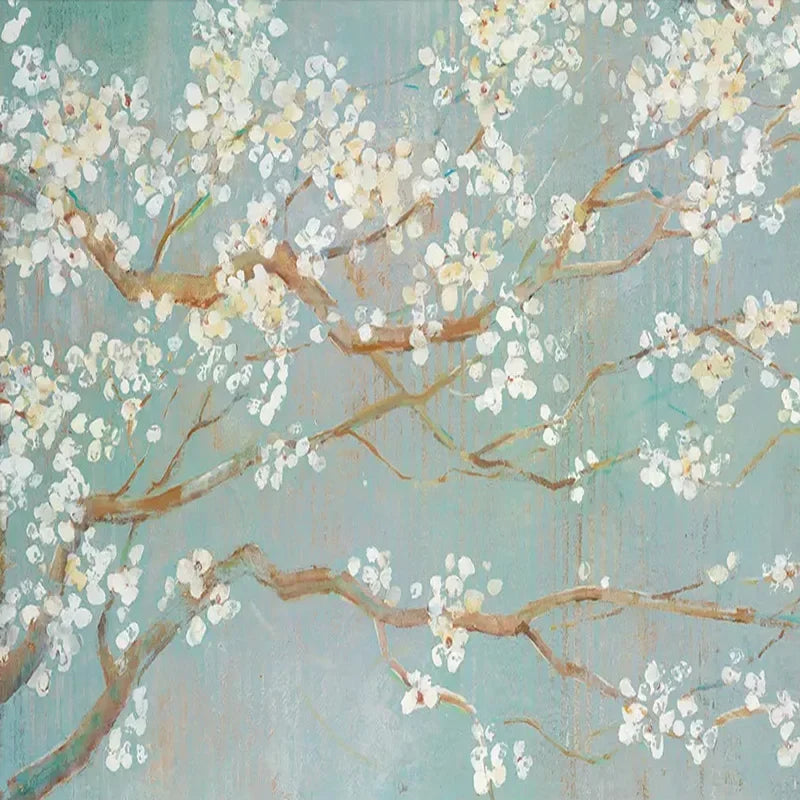 Papier peint panoramique Cerisier en fleurs peint à l'huile : vue à plat du motif, branches de cerisier en fleurs crème sur fond bleu-vert poudré, rendu peinture à l'huile