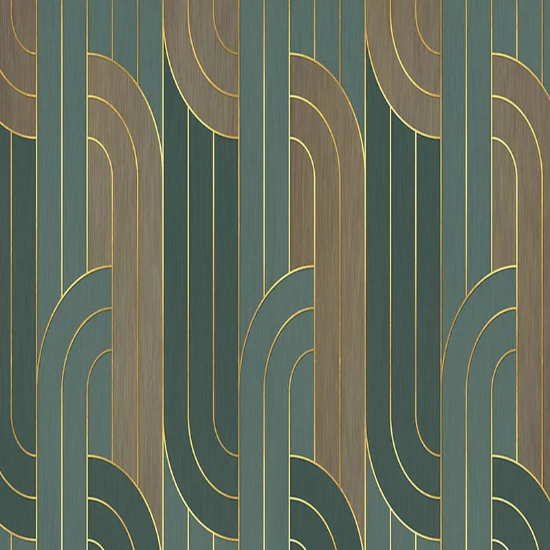 Papier peint panoramique Arches vert sapin et laiton : vue à plat du motif, arches Art déco en filets couleur laiton sur fond vert sapin