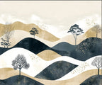 Papier peint panoramique Collines encre et sable : vue du motif, collines stylisées bleu encre, sable et blanc, arbres dessinés