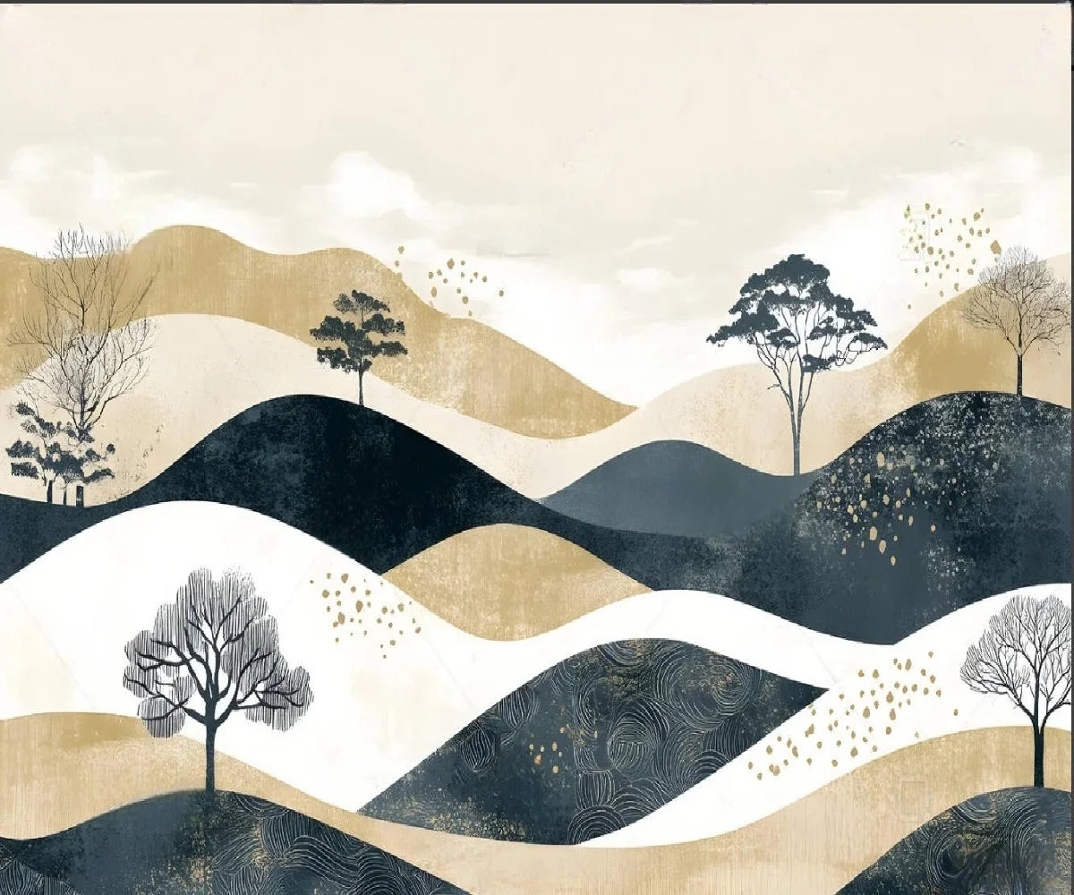 Papier peint panoramique Collines encre et sable : vue du motif, collines stylisées bleu encre, sable et blanc, arbres dessinés
