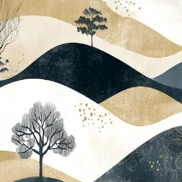 Papier peint panoramique Collines encre et sable : détail du motif, arbre dessiné sur collines bleu encre et sable