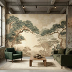 Papier peint panoramique Pins japonais lin : grands pins aux branches étalées sur fond lin nuageux, posé dans un salon