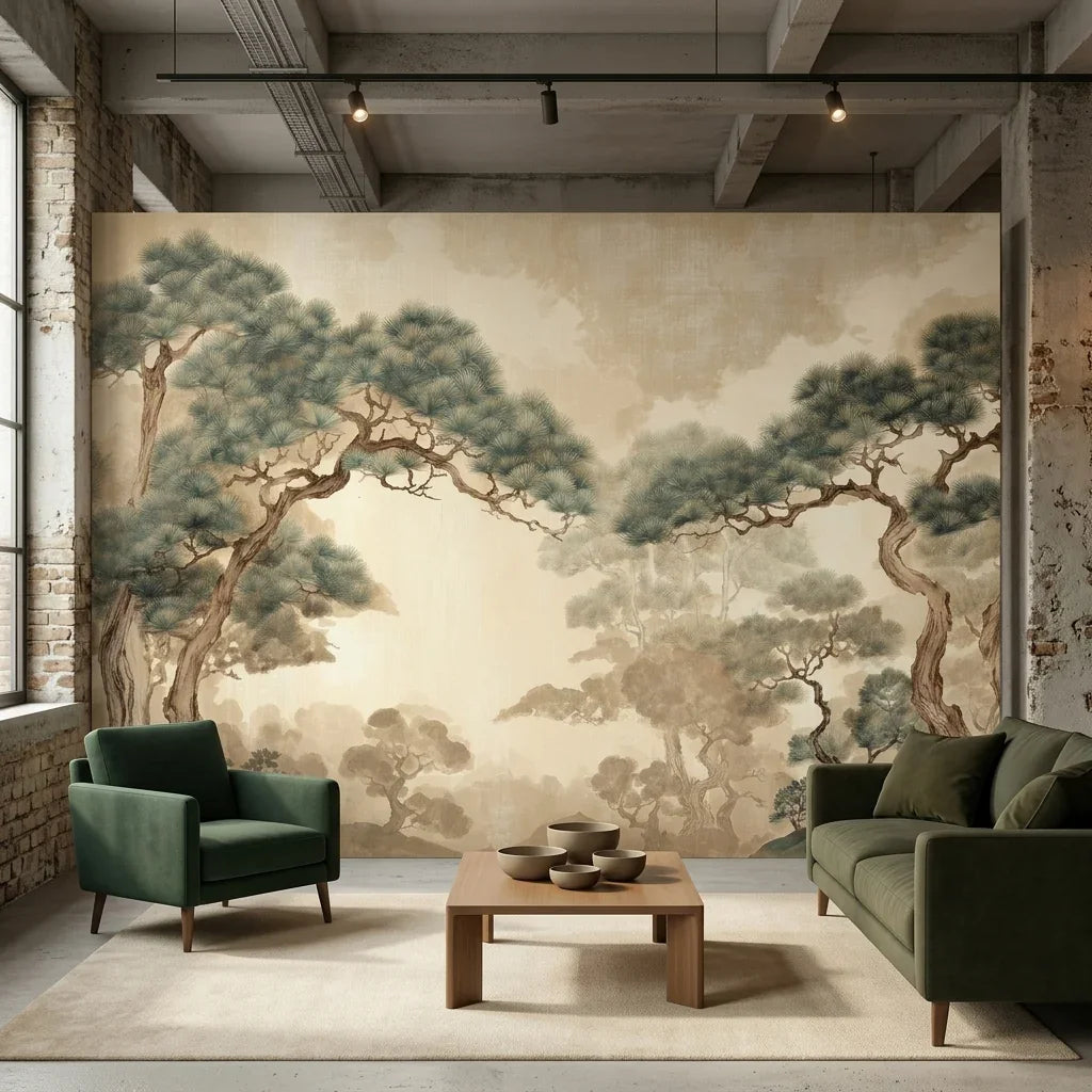 Papier peint panoramique Pins japonais lin : grands pins aux branches étalées sur fond lin nuageux, posé dans un salon