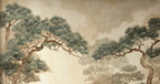 Papier peint panoramique Pins japonais lin : vue du motif, pins aux branches étalées sur fond lin nuageux