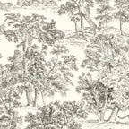 Papier peint panoramique Toile de Jouy aux tigres : détail du motif, tigre grimpant dans un arbre gravé à l'encre