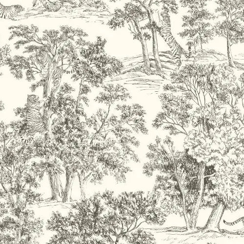 Papier peint panoramique Toile de Jouy aux tigres : détail du motif, tigre grimpant dans un arbre gravé à l'encre