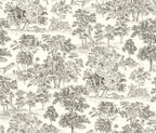 Papier peint panoramique Toile de Jouy aux tigres : vue à plat du motif, arbres et tigres gravés à l'encre sur fond crème
