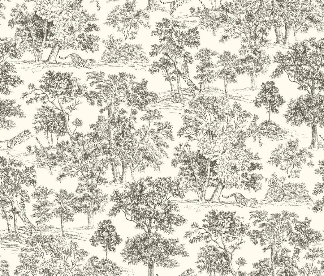 Papier peint panoramique Toile de Jouy aux tigres : vue à plat du motif, arbres et tigres gravés à l'encre sur fond crème