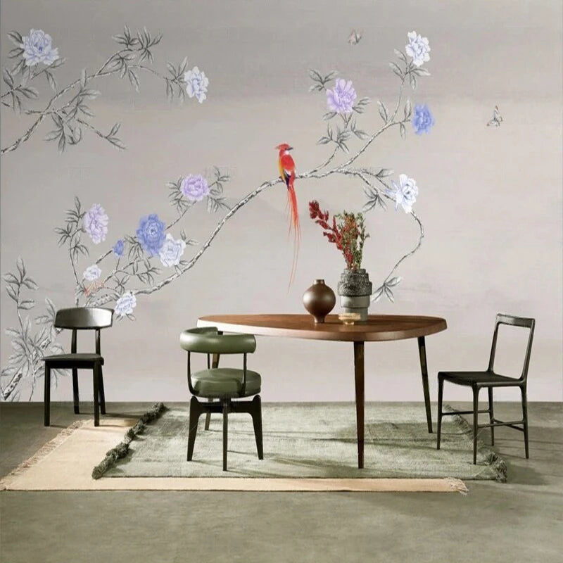 Papier peint panoramique Chinoiserie pivoines et oiseau grège : chinoiserie pivoines et oiseau grège derrière une table ronde