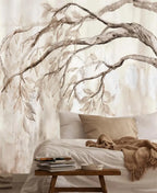 Papier peint panoramique Branches retombantes aquarelle sépia : branches retombantes à l'aquarelle sépia derrière un lit aux coussins lin et un banc en bois
