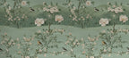 Papier peint panoramique Chinoiserie pivoines et collines vert d'eau : vue du motif, frises de collines vert d'eau, pivoines blanches, arbustes fleuris et oiseaux