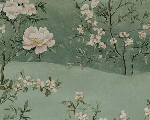 Papier peint panoramique Chinoiserie pivoines et collines vert d'eau : détail du motif, pivoine blanche et oiseau