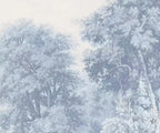 Papier peint panoramique Grands arbres gravés bleu brume : détail du motif, feuillages gravés bleu brume