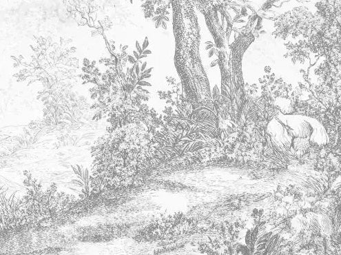 Papier peint panoramique Sous-bois au crayon gris : détail du motif, petit animal au pied des arbres