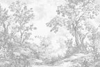 Papier peint panoramique Sous-bois au crayon gris : vue à plat, sous-bois dessiné au crayon gris, grands arbres, chemin et petit animal