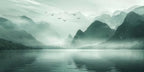 Papier peint panoramique Lac de montagne vert d'eau aux oiseaux : vue à plat, lac vert d'eau entre des montagnes brumeuses, vol d'oiseaux dans le ciel
