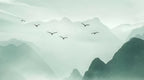 Papier peint panoramique Lac de montagne vert d'eau aux oiseaux : détail du motif, vol d'oiseaux au-dessus des sommets