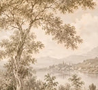 Papier peint panoramique Paysage italien sépia : détail du motif, arbre et lac peints en sépia