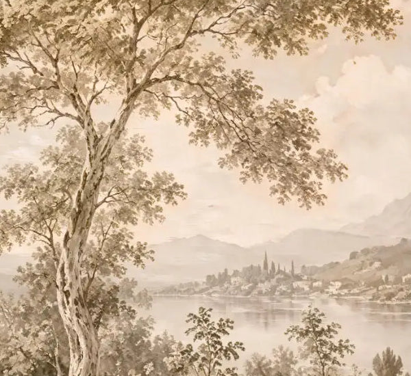 Papier peint panoramique Paysage italien sépia : détail du motif, arbre et lac peints en sépia