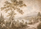 Papier peint panoramique Paysage italien sépia : vue du motif, grand arbre, chemin fleuri, balustrade et lac au pied des montagnes, en sépia