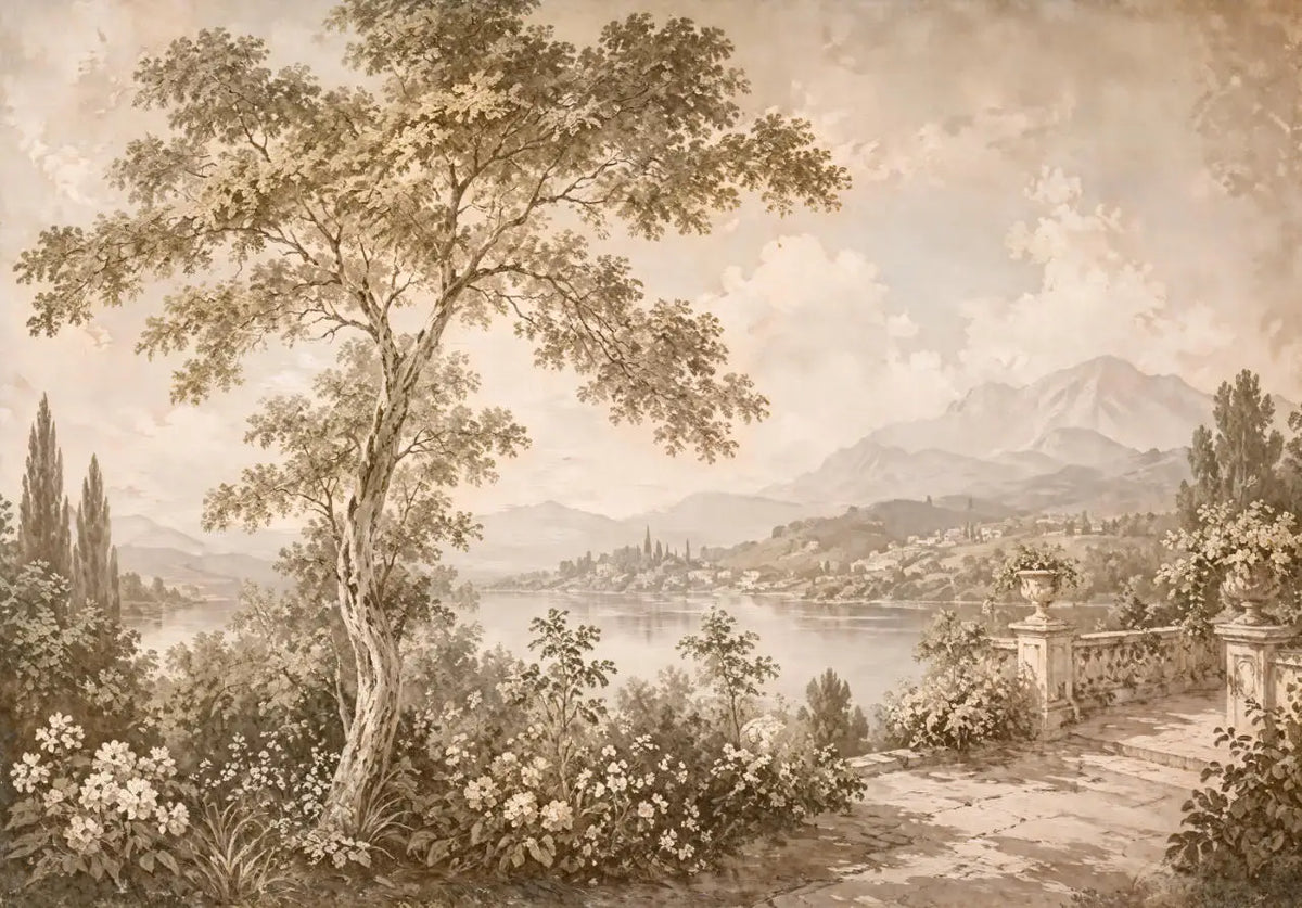 Papier peint panoramique Paysage italien sépia : vue du motif, grand arbre, chemin fleuri, balustrade et lac au pied des montagnes, en sépia