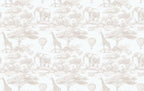 Papier peint panoramique Toile de Jouy safari beige : vue du motif, scènes de savane gravées en beige : éléphants, girafes, acacias et montgolfières