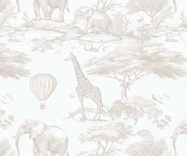 Papier peint panoramique Toile de Jouy safari beige : détail du motif, girafe, éléphants et montgolfière façon toile de Jouy