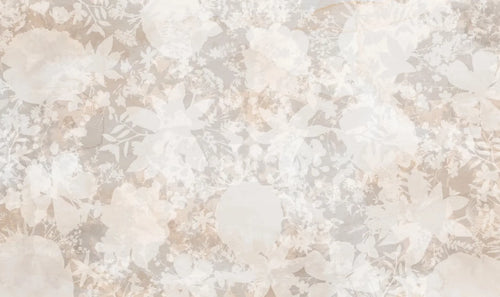 Papier peint effet fleurs estompées lin rosé : vue de la matière, grandes fleurs et feuillages superposés en transparence, lin, rose pâle et gris doux