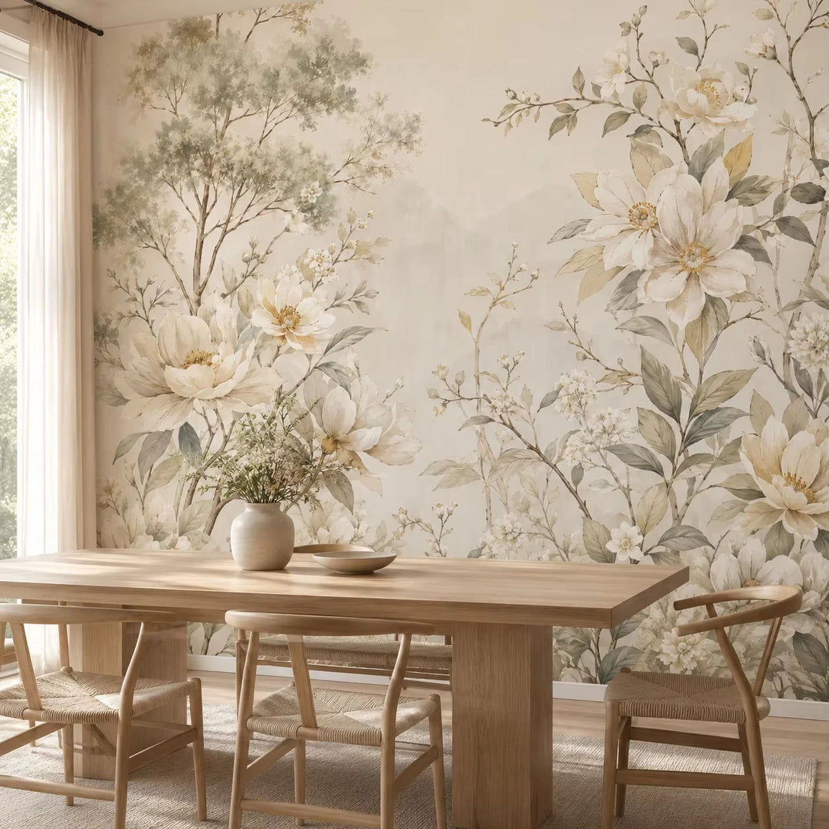 Papier peint panoramique Fleurs peintes crème et sauge : fleurs peintes crème et sauge derrière une table de salle à manger en bois clair