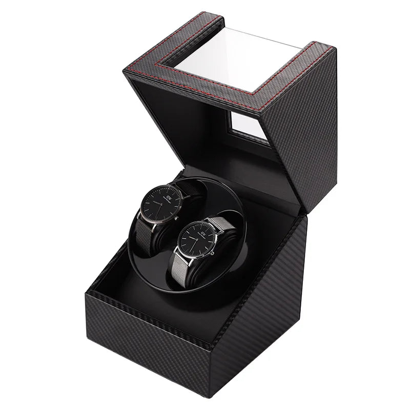 Remontoir Bascule deux montres, façon carbone, couvercle ouvert