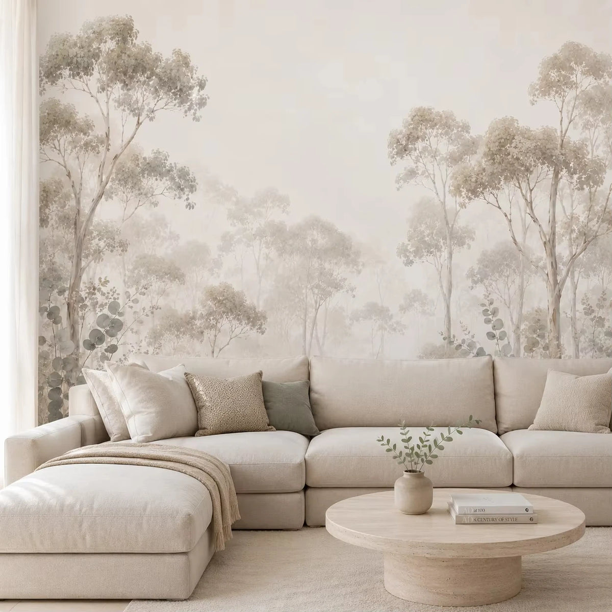 Papier peint panoramique Eucalyptus dans la brume : eucalyptus dans la brume dans un séjour aux tons beige