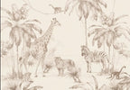Papier peint panoramique Safari aquarelle sable : vue à plat, girafe, zèbres, léopards et palmiers à l'aquarelle sable sur fond crème