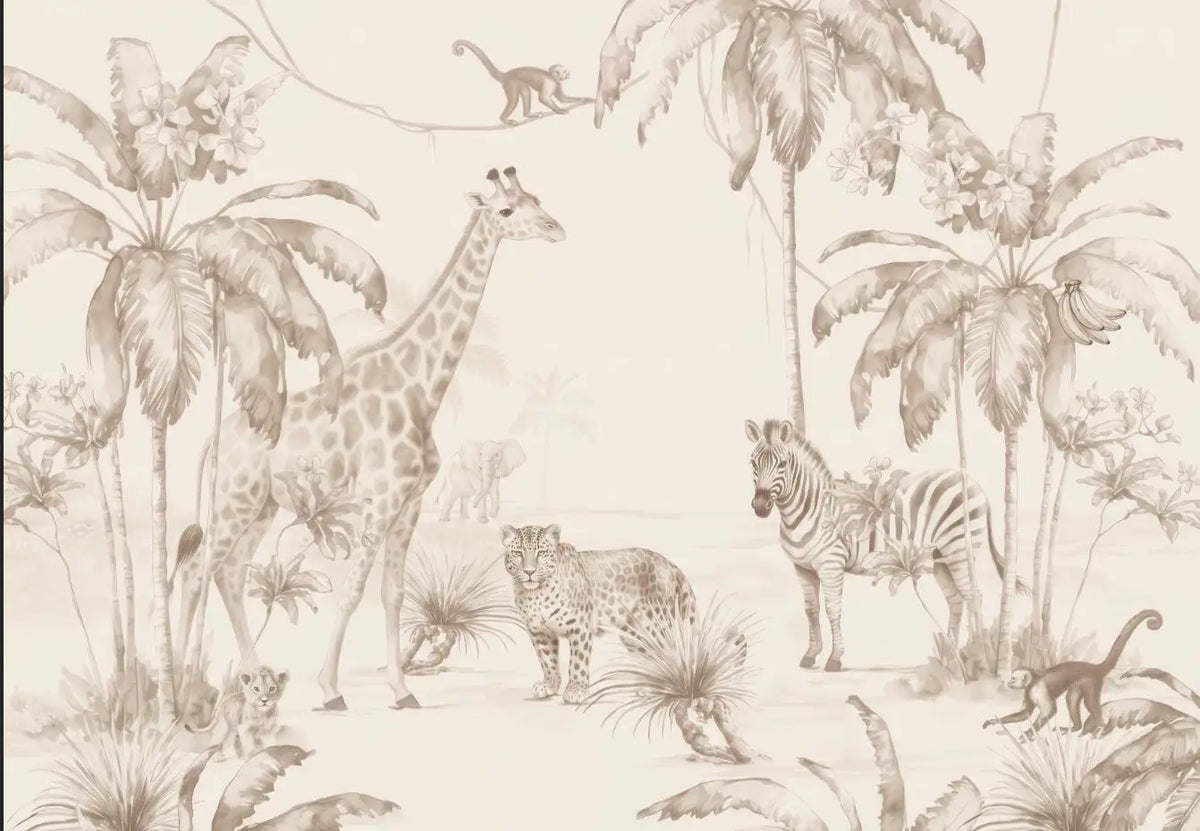 Papier peint panoramique Safari aquarelle sable : vue à plat, girafe, zèbres, léopards et palmiers à l'aquarelle sable sur fond crème