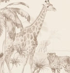 Papier peint panoramique Safari aquarelle sable : détail du motif, girafe et léopard à l'aquarelle