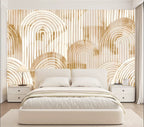 Papier peint panoramique Arches bohèmes sable : arcs concentriques sable, lin et ivoire, posé dans une chambre