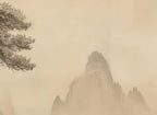 Papier peint panoramique Pin sur le rocher à l'encre sépia : détail du motif, sommets estompés dans la brume