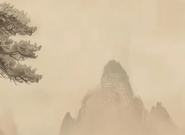 Papier peint panoramique Pin sur le rocher à l'encre sépia : détail du motif, sommets estompés dans la brume