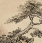 Papier peint panoramique Pin sur le rocher à l'encre sépia : détail du motif, pin tourmenté sur son rocher