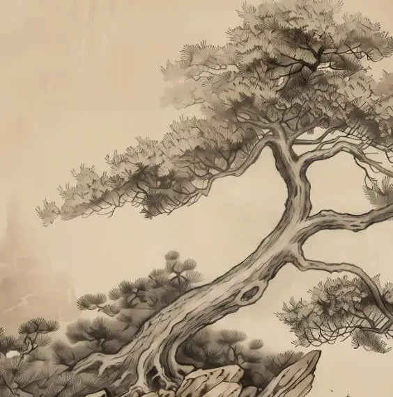 Papier peint panoramique Pin sur le rocher à l'encre sépia : détail du motif, pin tourmenté sur son rocher