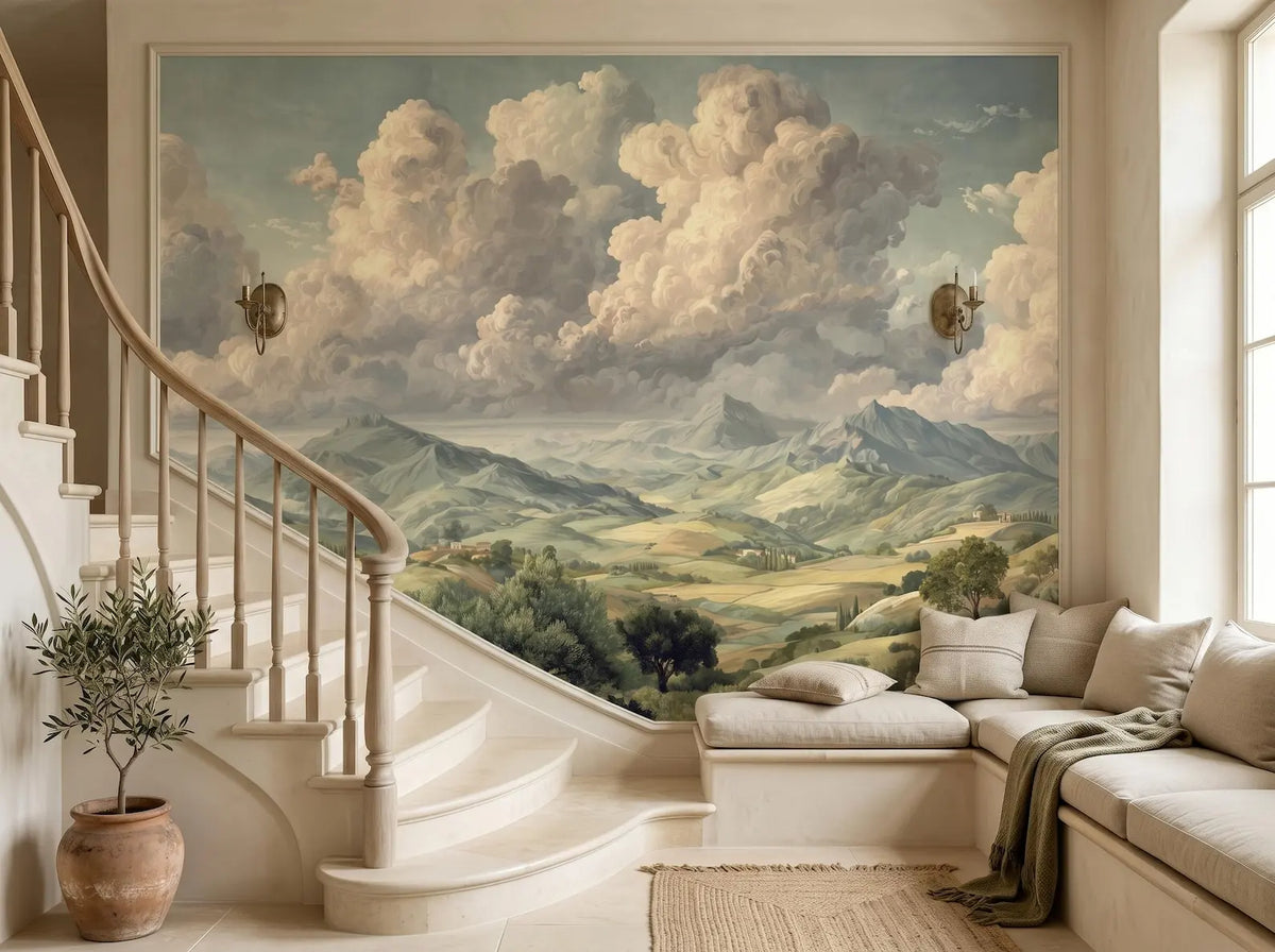 Papier peint panoramique Vallée sous les nuages dorés : vallée sous les nuages dorés dans une entrée, au-dessus d'une banquette