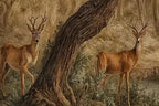 Papier peint panoramique Forêt aux chevreuils, peinture ancienne sépia : détail du motif, chevreuils au pied des arbres