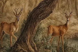 Papier peint panoramique Forêt aux chevreuils, peinture ancienne sépia : détail du motif, chevreuils au pied des arbres