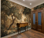 Papier peint panoramique Forêt aux chevreuils, peinture ancienne sépia : forêt peinte aux chevreuils en tons sépia dans une entrée, console en bois et portes vitrées