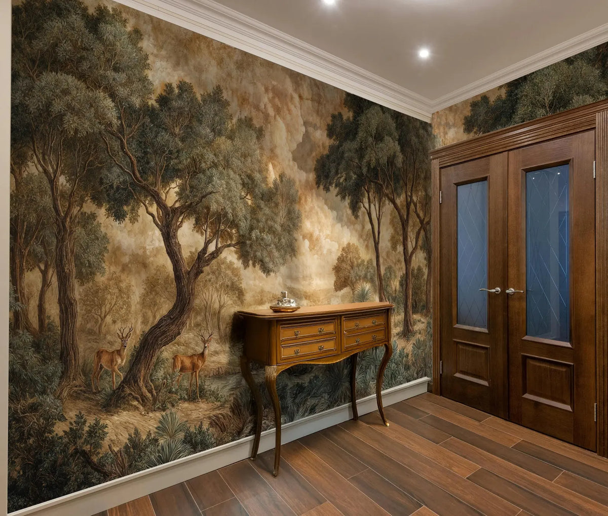 Papier peint panoramique Forêt aux chevreuils, peinture ancienne sépia : forêt peinte aux chevreuils en tons sépia dans une entrée, console en bois et portes vitrées