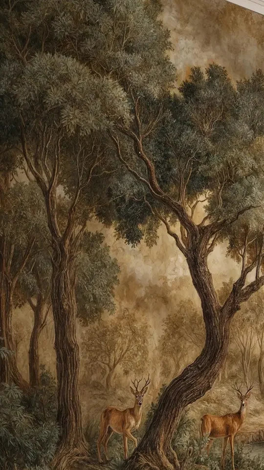Papier peint panoramique Forêt aux chevreuils, peinture ancienne sépia : vue du motif, arbres tortueux et chevreuils dans une lumière dorée