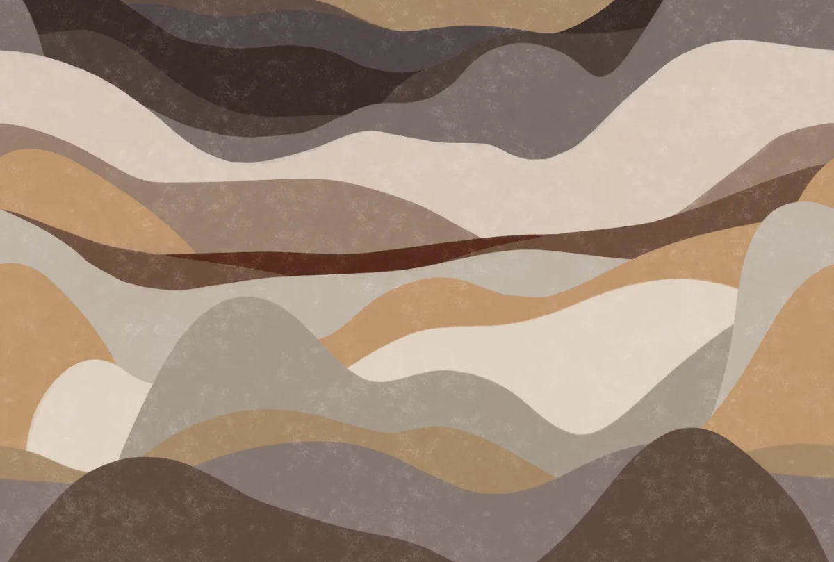Papier peint panoramique Dunes abstraites taupe et sable : vue à plat, dunes abstraites superposées en taupe, sable, gris et chocolat